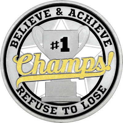 Gold "Champs!" with Black Outer Circular Borders